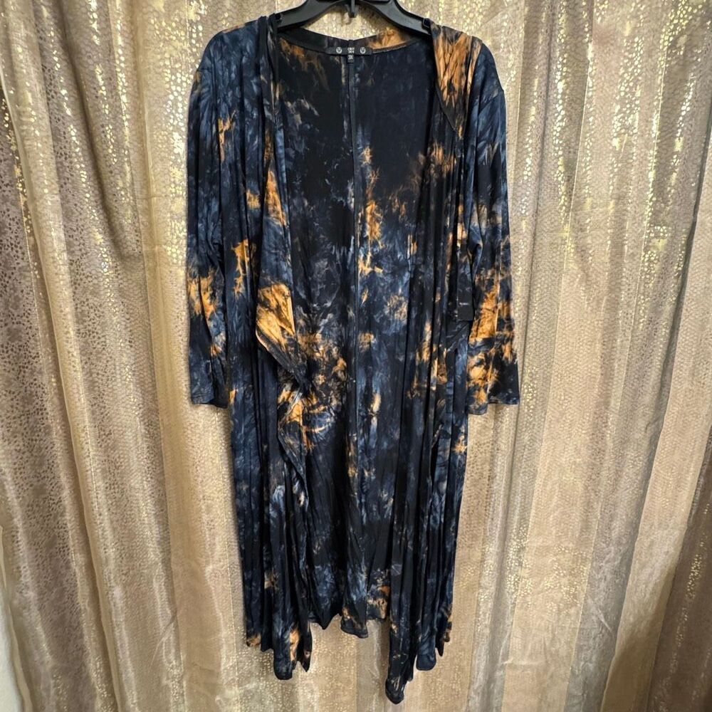 Coin 1804 Long Stretchy Navy Blue Black Ochre Tie Dye Hooded Cardigan 3X